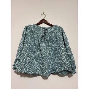 GAP Womens XXL Teal Green Daisy Floral Cotton Tie Neck Boho Peasant Blouse Top